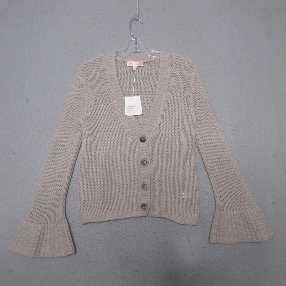 Lisa Todd Cardigan Cashmere Open Knit Bell Sleeve Neutral Beach Quiet Luxury NWT